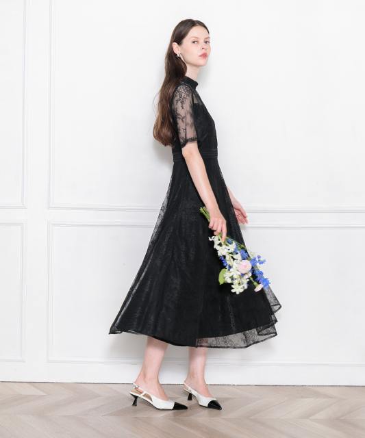 ハイネック花柄レースウエストマーク透けロングドレスワンピース美脚効果結婚式 パーティードレス