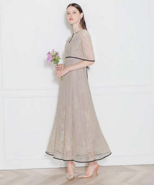 LEJA-総レースバックオープン配色パイピングウエストリボン美脚効果ドレス結婚式 パーティードレス