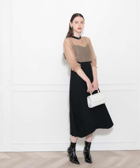 2WAYブラウスプリーツキャミワンピースセットアップ美脚効果ロングワンピースドレス結婚式 パーティードレス