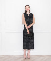 LEJA-インナーシアーブラウスセット刺繍チェックジャンスカロング丈ドレスワンピース美脚効果結婚式 パーティードレス