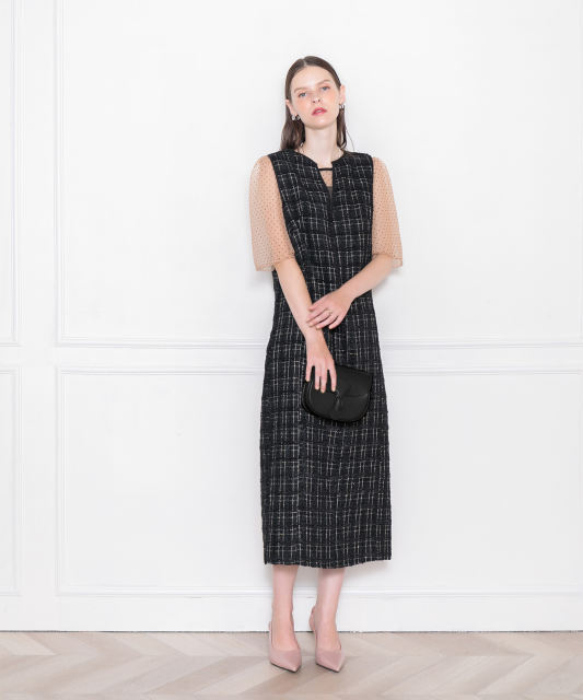 LEJA-インナーシアーブラウスセット刺繍チェックジャンスカロング丈ドレスワンピース美脚効果結婚式 パーティードレス