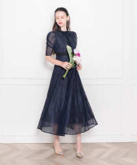 LEJA-ウエストマークパフスリーブ総レースロングドレスワンピース美脚効果結婚式 パーティードレス