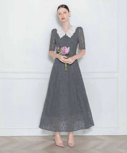 LEJA-刺繍レース襟付きハイウエスト切り替えAラインワンピース美脚効果ドレス結婚式 パーティードレス