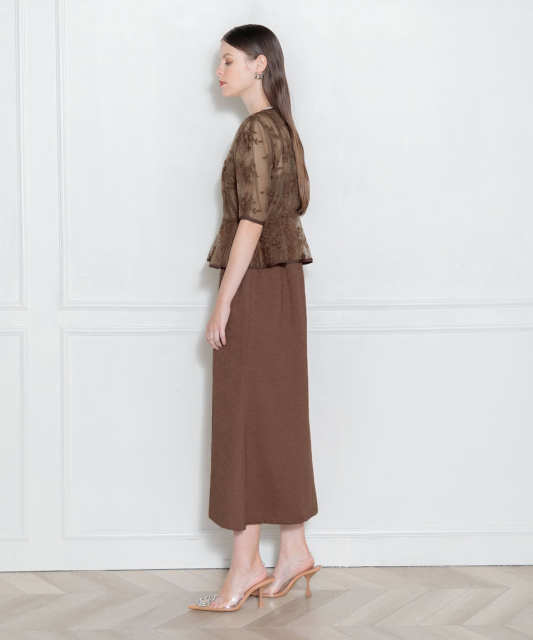 LEJA-配色パイピング花柄レースペプラムセットアップワンピース美脚効果セットアップドレス結婚式 パーティードレス