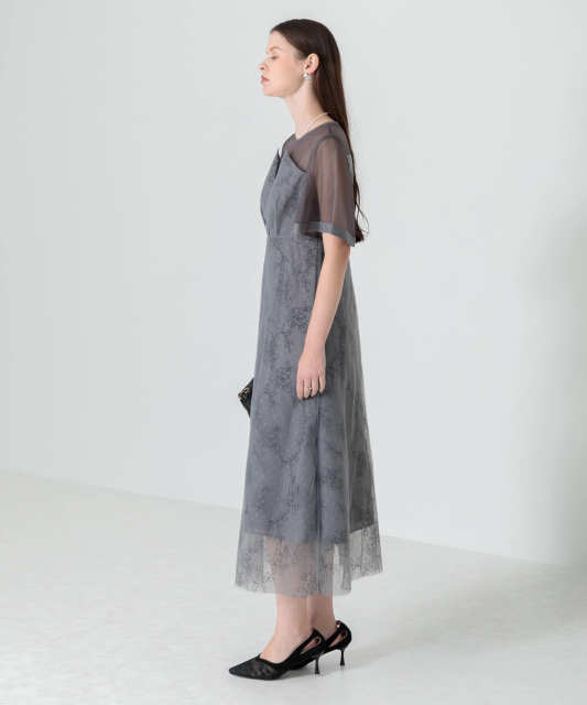 花柄刺繍オーガンジーレース切替えビスチェ風チュールロング丈美脚効果  