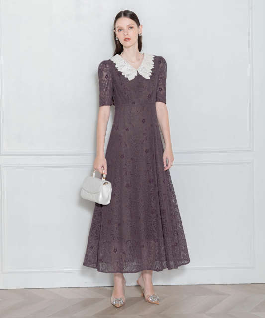 刺繍レース襟付きハイウエスト切り替えAラインワンピース美脚効果  