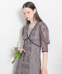 LEJA-配色パイピング総レース花柄パフスリーブワンピースロングドレス美脚効果結婚式 パーティードレス