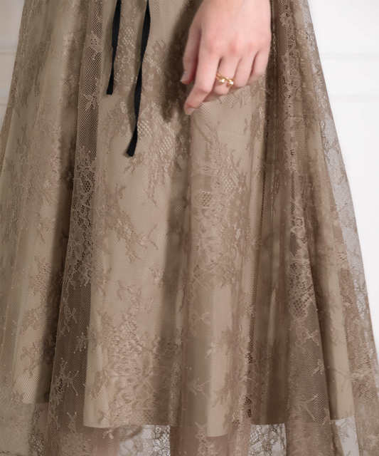 LEJA-パフスリーブウエストリボン総レースロングドレスワンピース美脚効果結婚式 パーティードレス