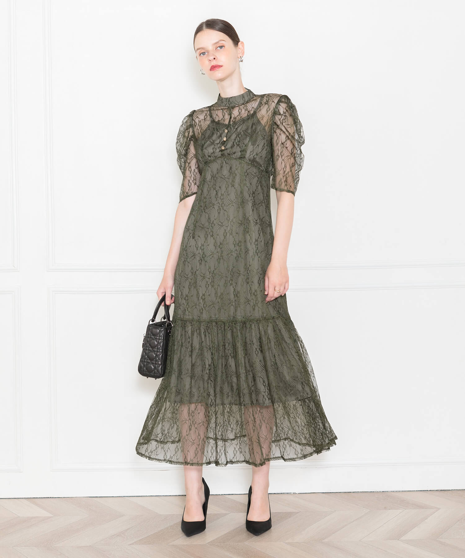 パフスリーブウエストリボン総レースキャミソールワンピースマーメイド