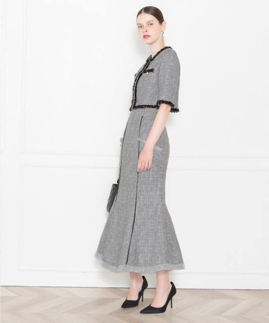 LEJA-ツイード柄半袖ジャケット釦セットアップロング丈マーメイドスカートドレス美脚効果結婚式 パーティードレス