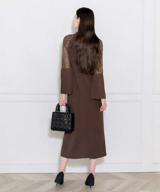 レース切替スリットAラインロングドレスワンピース美脚効果結婚式 パーティードレス