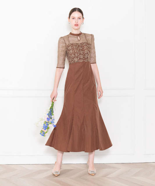 LEJA-レース花柄透け切り替えロング丈マーメイドフレアドレスワンピース結婚式 パーティードレス