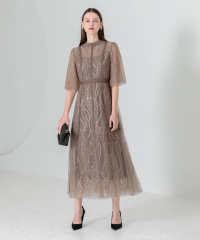 LEJA-スパンコール刺繍レースプチハイネックフリルロングドレスワンピース美脚効果結婚式 パーティードレス