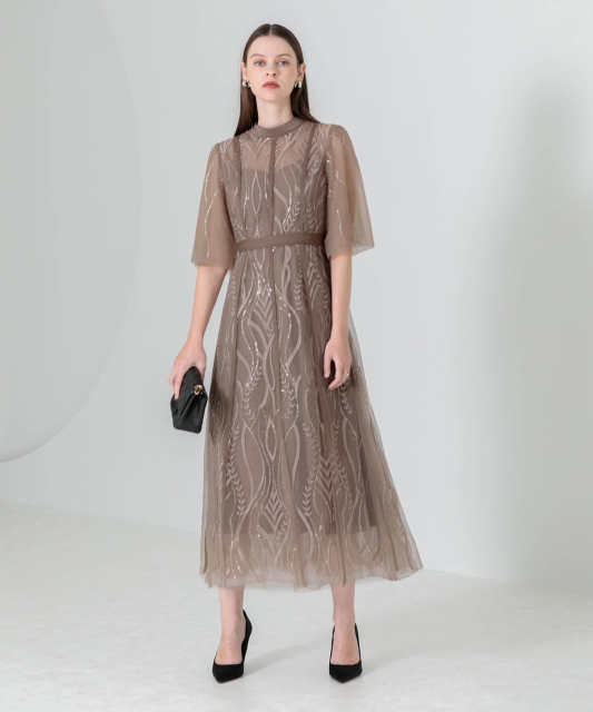 LEJA-スパンコール刺繍レースプチハイネックフリルロングドレスワンピース美脚効果結婚式 パーティードレス