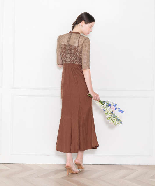 LEJA-レース花柄透け切り替えロング丈マーメイドフレアドレスワンピース結婚式 パーティードレス