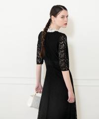 レースビッグカラー花柄刺繍ウエストマークロングフレアドレスワンピース美脚効果結婚式 パーティードレス
