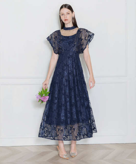 LEJA-チョーカー風デコルテオープン花柄レースウエストリボン美脚効果ドレス結婚式 パーティードレス
