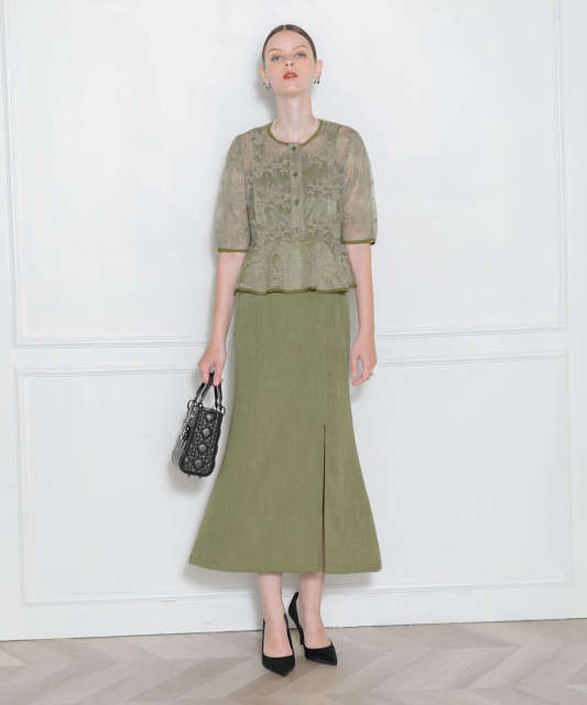 LEJA-配色パイピング花柄レースペプラムセットアップワンピース美脚効果セットアップドレス結婚式 パーティードレス