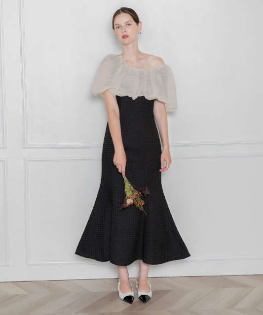 2WAYオフショルダーパフスリーブワッフル生地マーメイドワンピース  