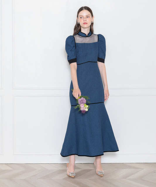 LEJA-ワッフル生地パフスリーブ配色パイピングマーメイドロング丈ドレスワンピース美脚効果結婚式 パーティードレス