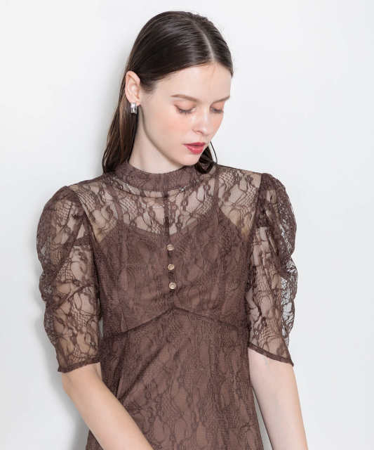 LEJA-パフスリーブウエストリボン総レースキャミソールワンピースマーメイドロングドレス美脚効果結婚式 パーティードレス
