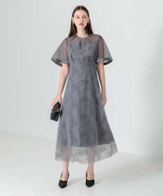 花柄刺繍オーガンジーレース切替えビスチェ風チュールロング丈美脚効果ドレス結婚式 パーティードレス