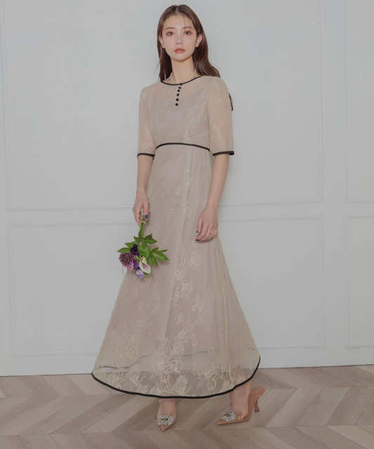 LEJA-総レースバックオープン配色パイピングウエストリボン美脚効果ドレス結婚式 パーティードレス