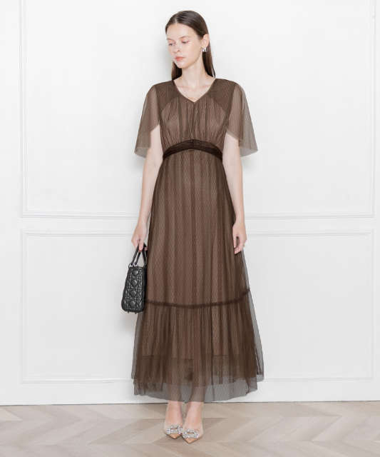 LEJA-総レースVネック袖ケープ風ワンピース美脚効果ドレス結婚式 パーティードレス