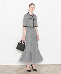 LEJA-ツイード柄半袖ジャケット釦セットアップロング丈マーメイドスカートドレス美脚効果結婚式 パーティードレス