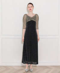 レース切替透けキラキラAラインロングドレスワンピース美脚効果結婚式 パーティードレス