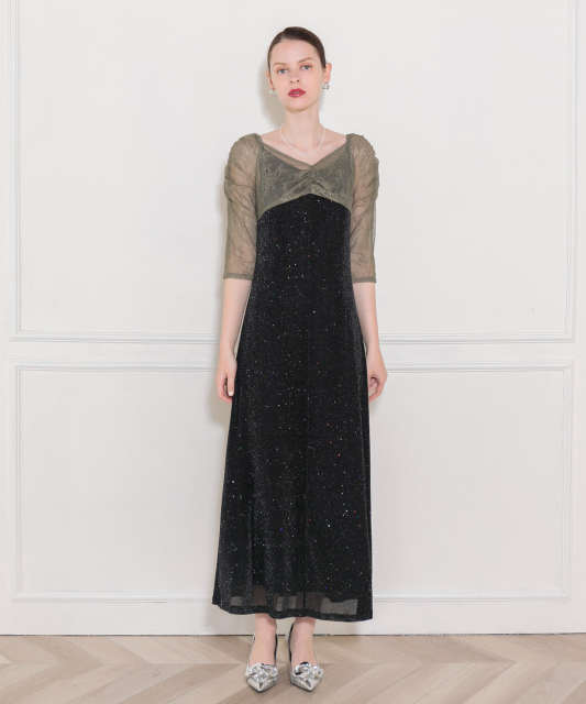 レース切替透けキラキラAラインロングドレスワンピース美脚効果結婚式 パーティードレス