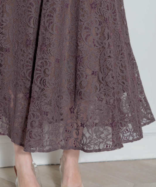 LEJA-刺繍レース襟付きハイウエスト切り替えAラインワンピース美脚効果ドレス結婚式 パーティードレス