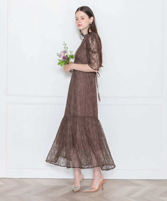 LEJA-パフスリーブウエストリボン総レースキャミソールワンピースマーメイドロングドレス美脚効果結婚式 パーティードレス