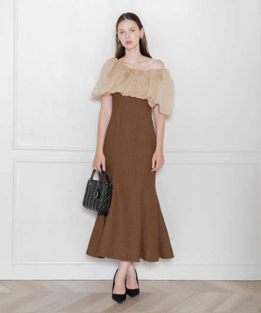 2WAYオフショルダーパフスリーブワッフル生地マーメイド  