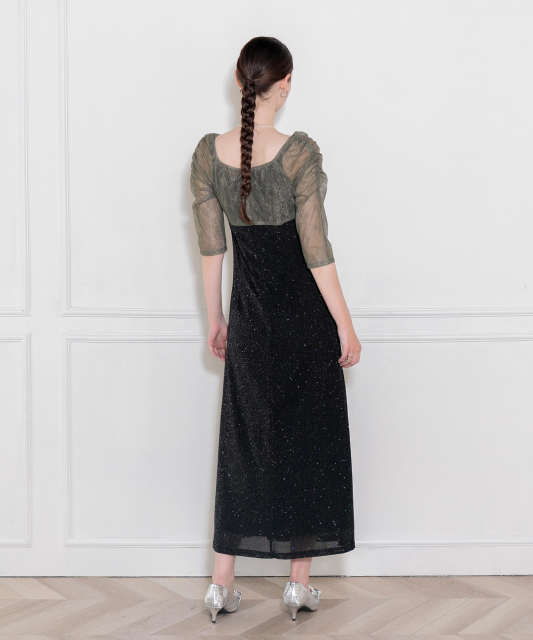 レース切替透けキラキラAラインロングドレスワンピース美脚効果結婚式 パーティードレス