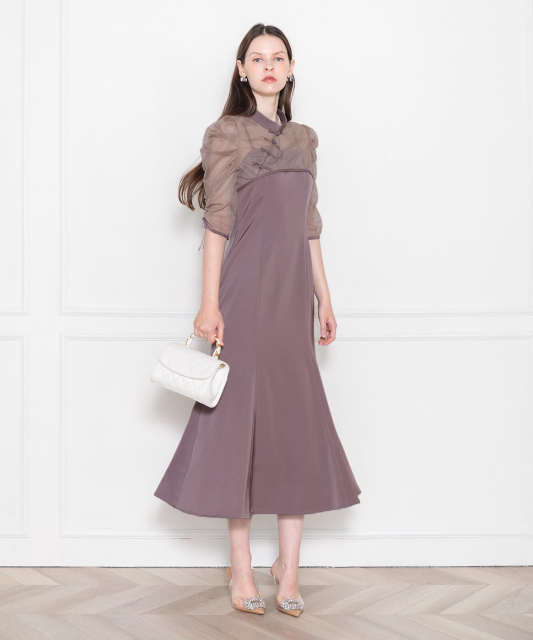 透け感チャイナトップス付きロング丈キャミソールセットアップ  