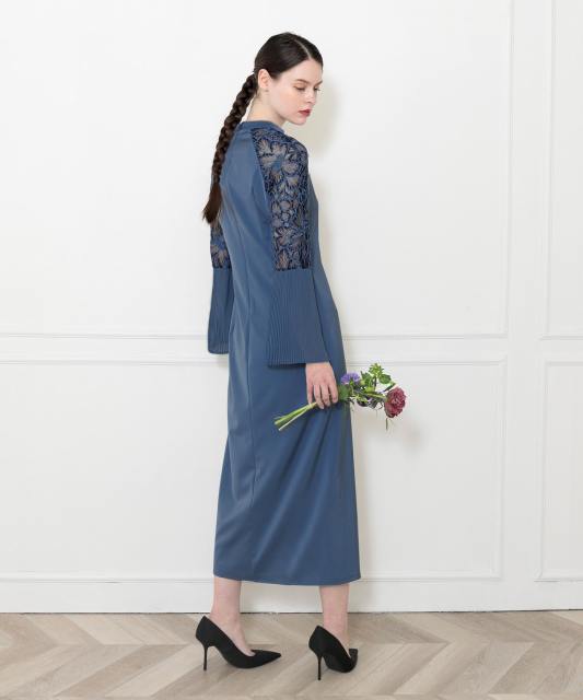 レース切替スリットAラインロングドレスワンピース美脚効果結婚式 パーティードレス