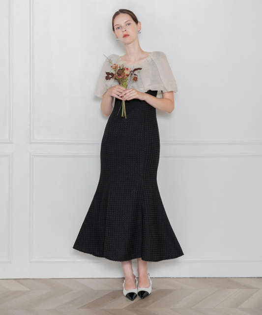2WAYオフショルダーパフスリーブワッフル生地マーメイドワンピースロングドレス美脚効果結婚式 パーティードレス