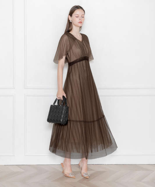LEJA-総レースVネック袖ケープ風ワンピース美脚効果ドレス結婚式 パーティードレス