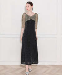 レース切替透けキラキラAラインロングドレスワンピース美脚効果結婚式 パーティードレス