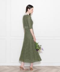 レースビッグカラー花柄刺繍ウエストマークロングフレアドレスワンピース美脚効果結婚式 パーティードレス