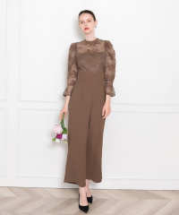 LEJA-プチハイネック後ろリボンボレロ風花柄レース異素材切替パンツドレス美脚効果結婚式 パーティードレス