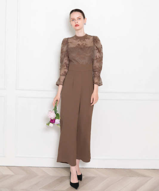 LEJA-プチハイネック後ろリボンボレロ風花柄レース異素材切替パンツドレス美脚効果結婚式 パーティードレス