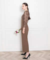 LEJA-プチハイネック後ろリボンボレロ風花柄レース異素材切替パンツドレス美脚効果結婚式 パーティードレス