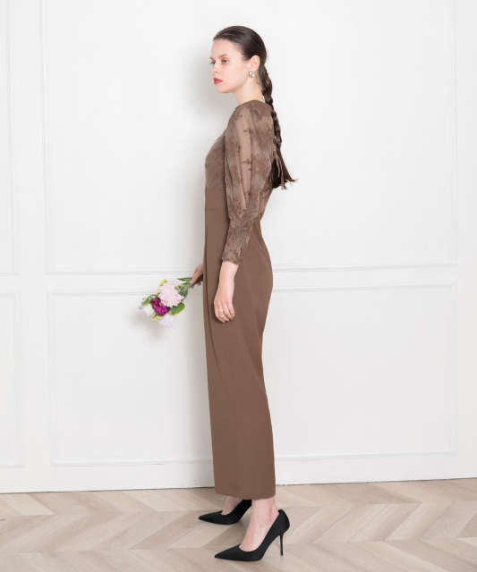 LEJA-プチハイネック後ろリボンボレロ風花柄レース異素材切替パンツドレス美脚効果結婚式 パーティードレス