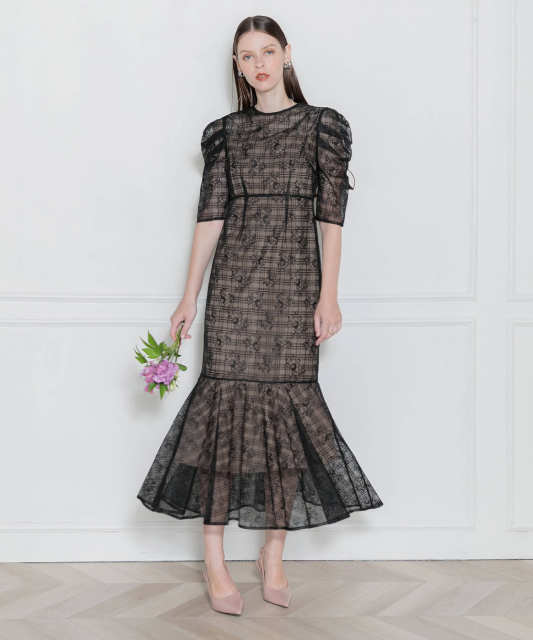 LEJA-チェック柄刺繍総レース切り替えマーメイドワンピース美脚効果ドレス結婚式 パーティードレス