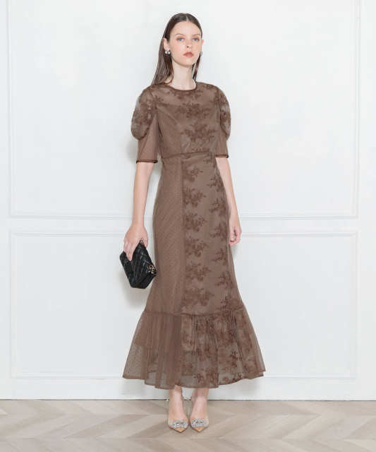LEJA-異素材レースパフスリーブ切り替えウエストリボン美脚効果ドレス結婚式 パーティードレス