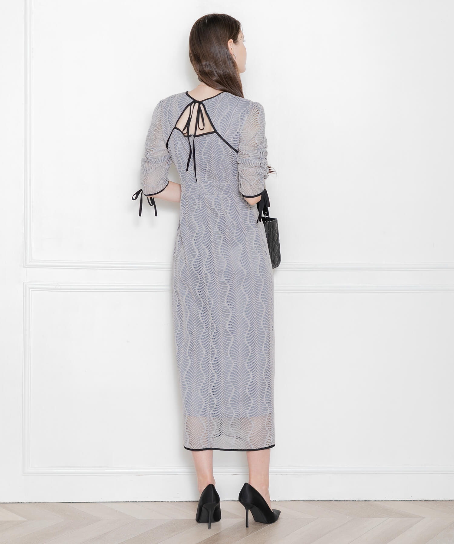 Leja ドレス 「LEJA」配色パイピングシアーリボンボレロ付き幾何