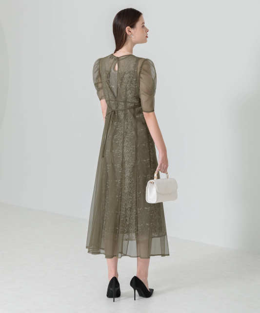 LEJA-花柄総レースパフスリーブウエストリボンキャミワンピースセットアップ美脚効果ドレス結婚式 パーティードレス