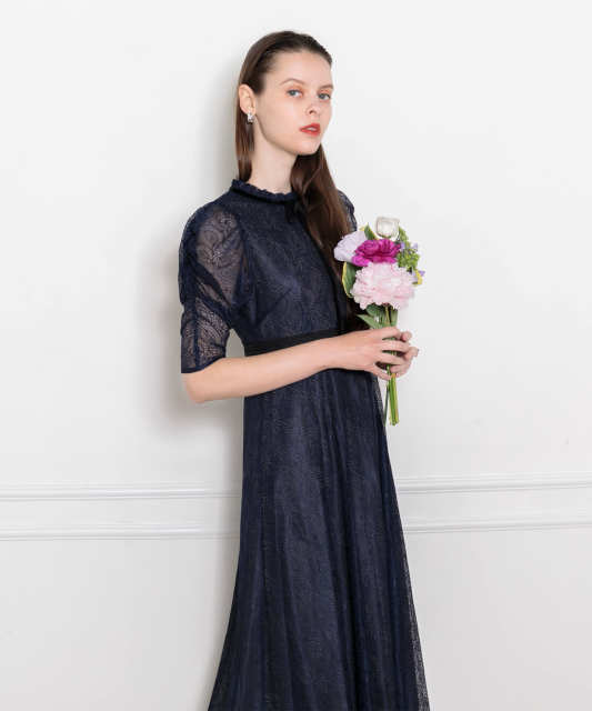 LEJA-ウエストマークパフスリーブ総レースロングドレスワンピース美脚効果結婚式 パーティードレス